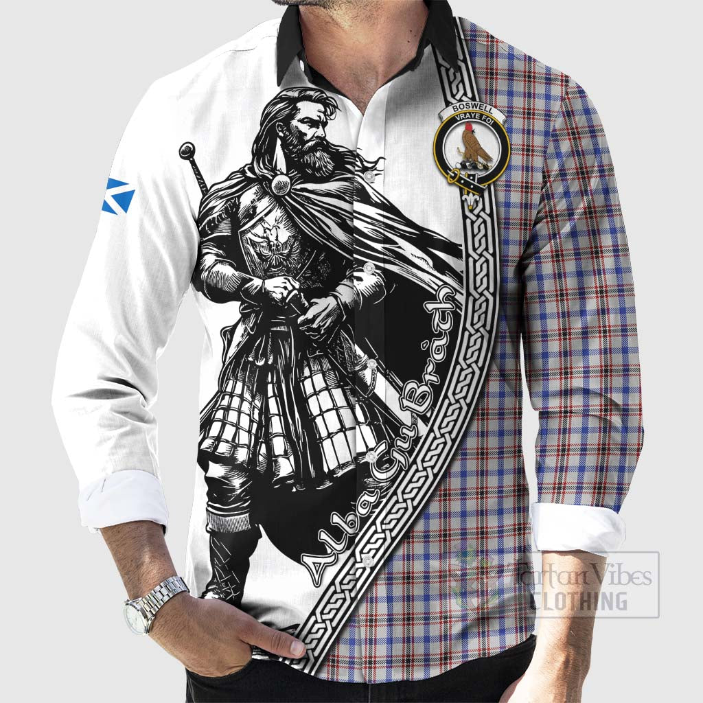 Tartan Vibes Clothing Boswell Tartan Clan Crest Long Sleeve Button Shirt with Highlander Warrior Celtic Style