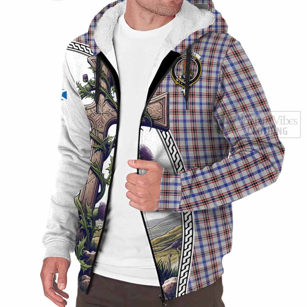 Tartan Vibes Clothing Boswell Tartan Sherpa Hoodie with Family Crest and St. Andrew's Cross Accented by Thistle Vines