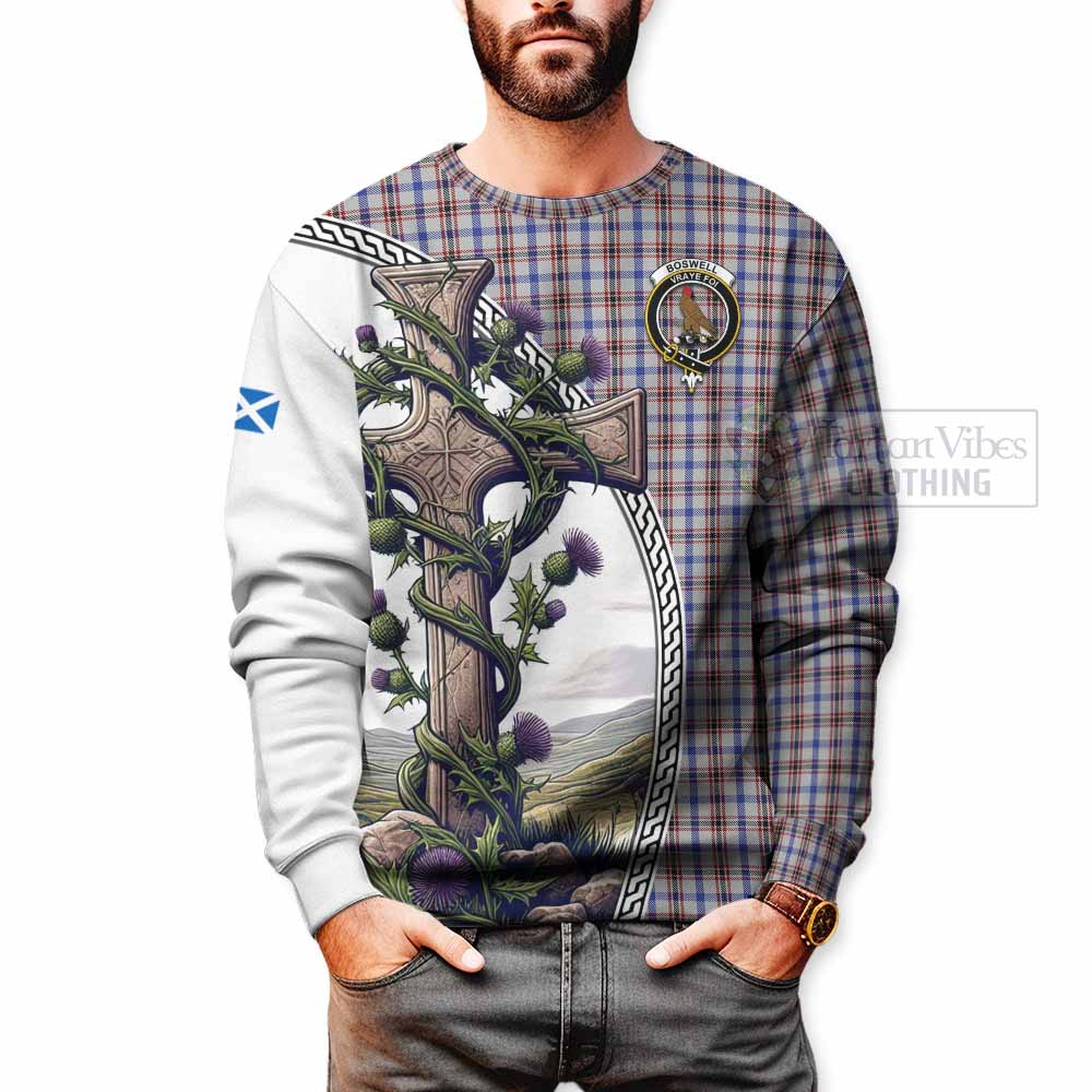 Tartan Vibes Clothing Boswell Tartan Sweatshirt with Family Crest and St. Andrew's Cross Accented by Thistle Vines