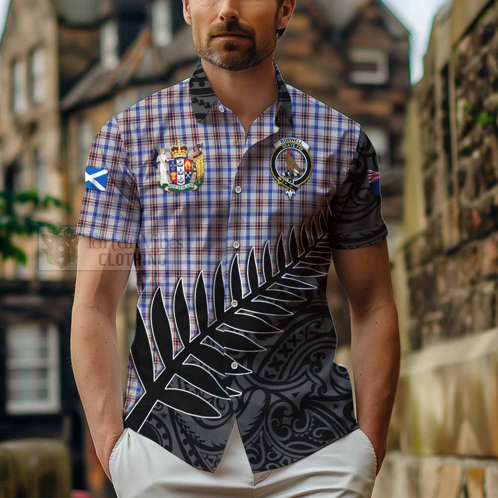 Tartan Vibes Clothing Boswell Crest Tartan Short Sleeve Button Shirt with New Zealand Silver Fern Half Style