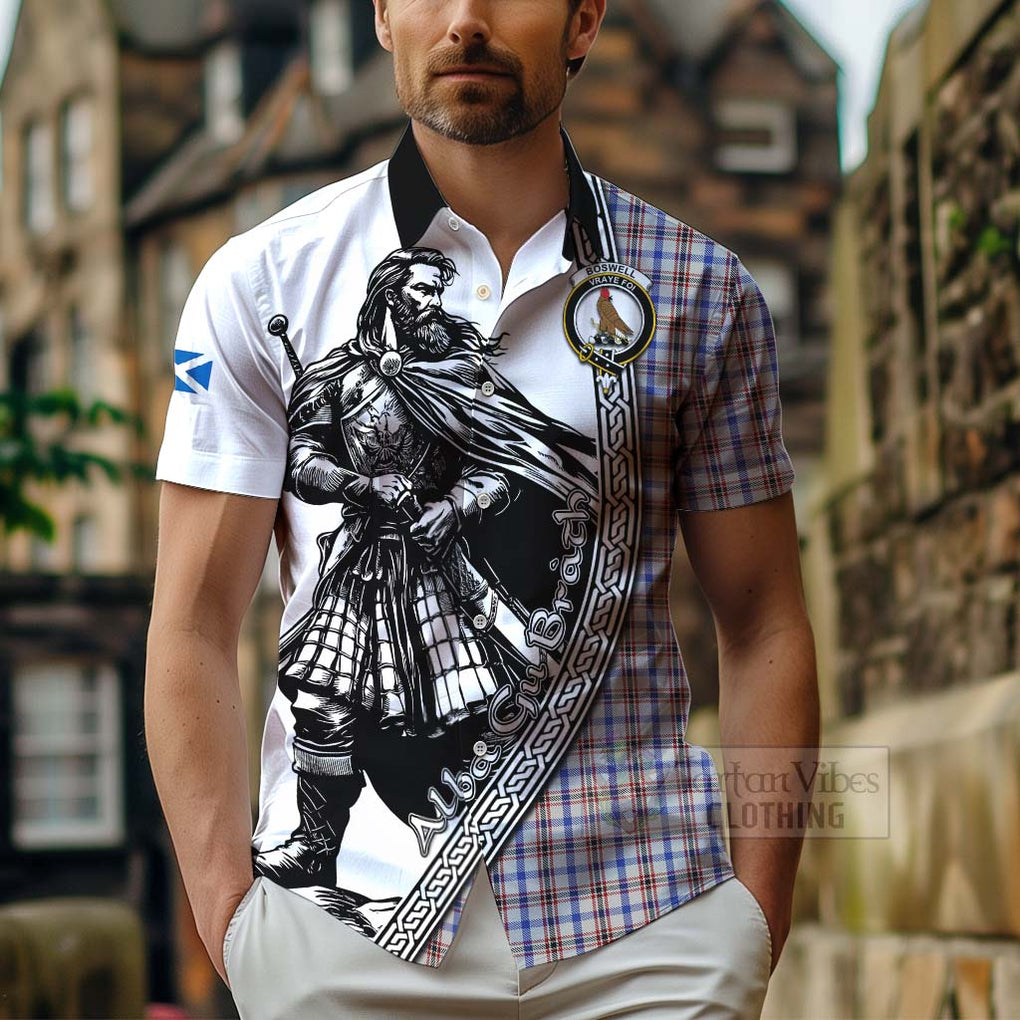 Tartan Vibes Clothing Boswell Tartan Clan Crest Short Sleeve Button Shirt with Highlander Warrior Celtic Style