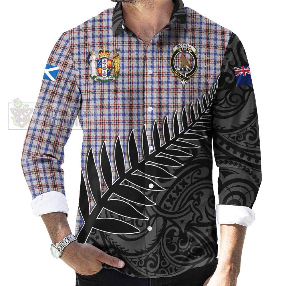 Tartan Vibes Clothing Boswell Crest Tartan Long Sleeve Button Shirt with New Zealand Silver Fern Half Style