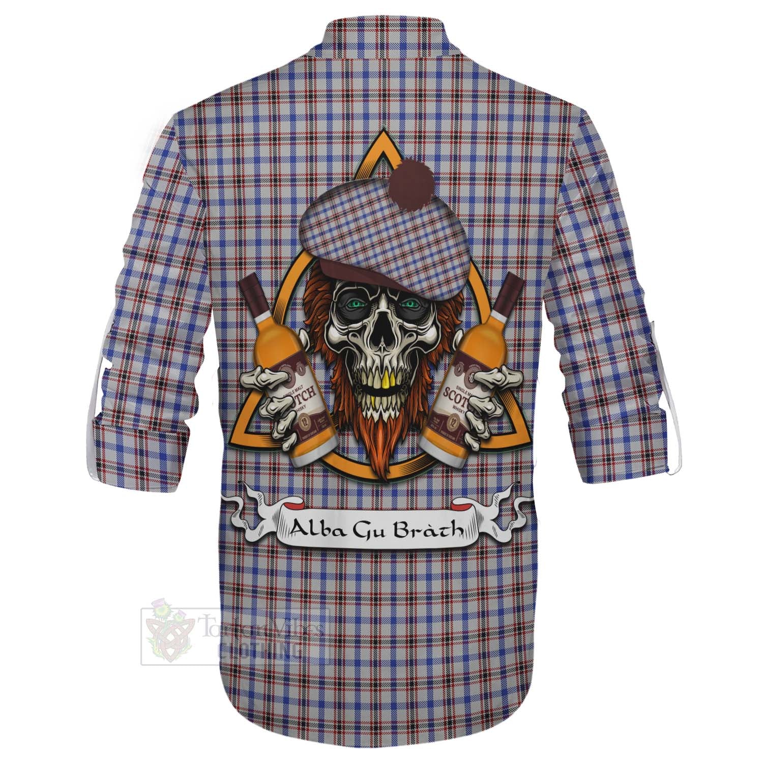 Tartan Vibes Clothing Boswell Tartan Ghillie Kilt Shirt with Family Crest and Bearded Skull Holding Bottles of Whiskey