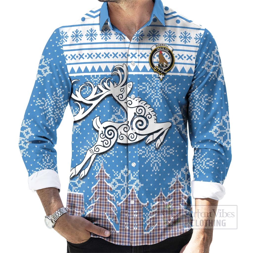 Tartan Vibes Clothing Boswell Clan Christmas Long Sleeve Button Shirt Celtic Reindeer Style