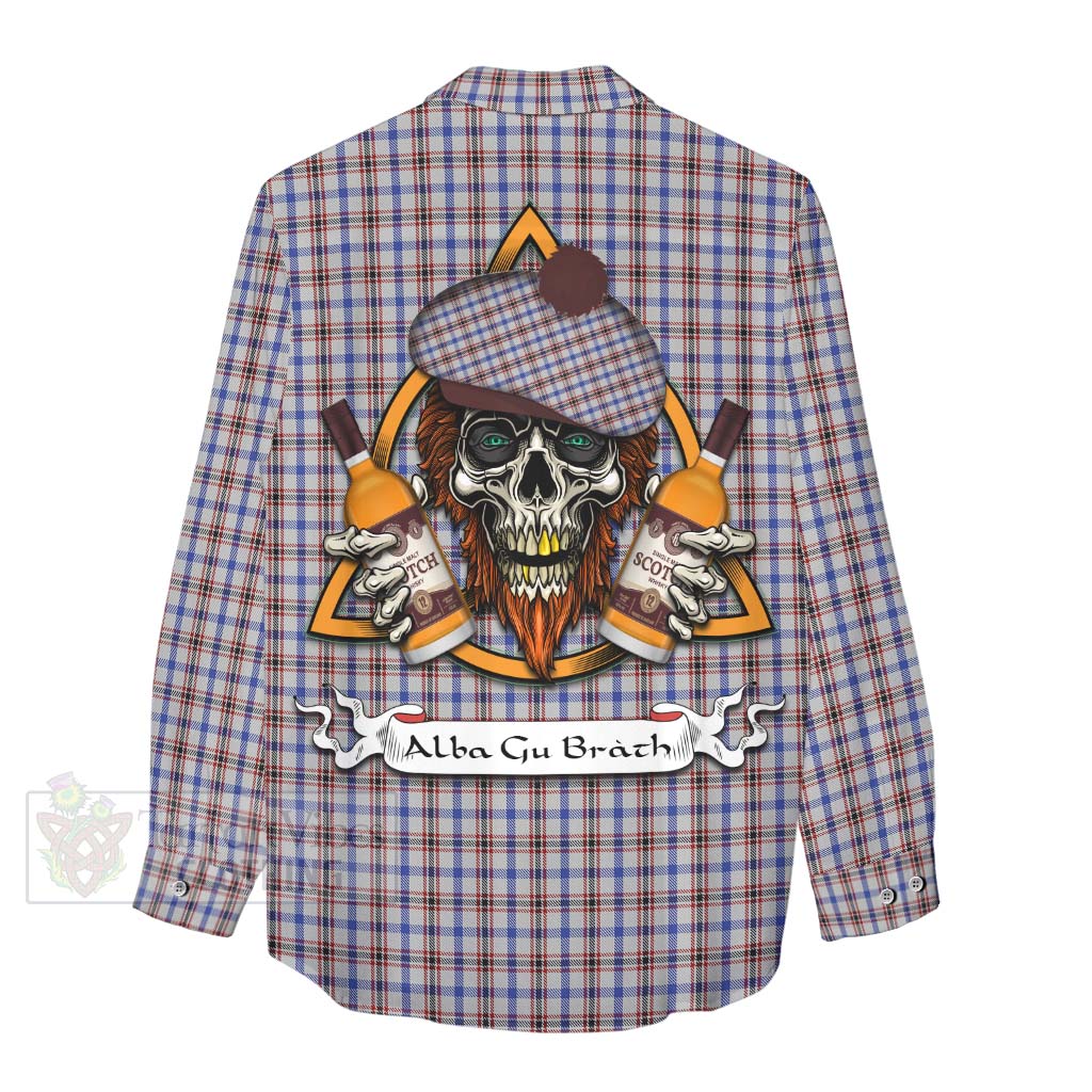 Tartan Vibes Clothing Boswell Tartan Women's Casual Shirt with Family Crest and Bearded Skull Holding Bottles of Whiskey