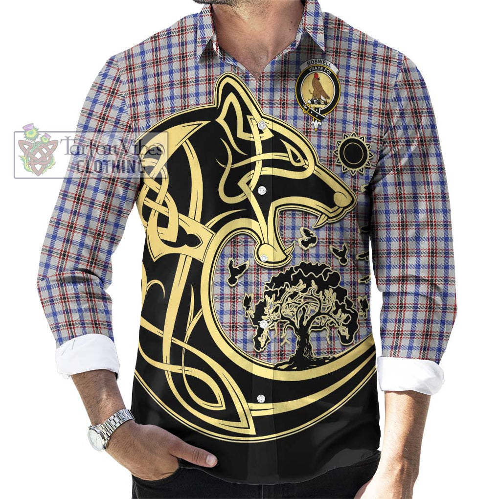 Boswell Tartan Long Sleeve Button Shirt with Family Crest Celtic Wolf Style - Tartan Vibes Clothing