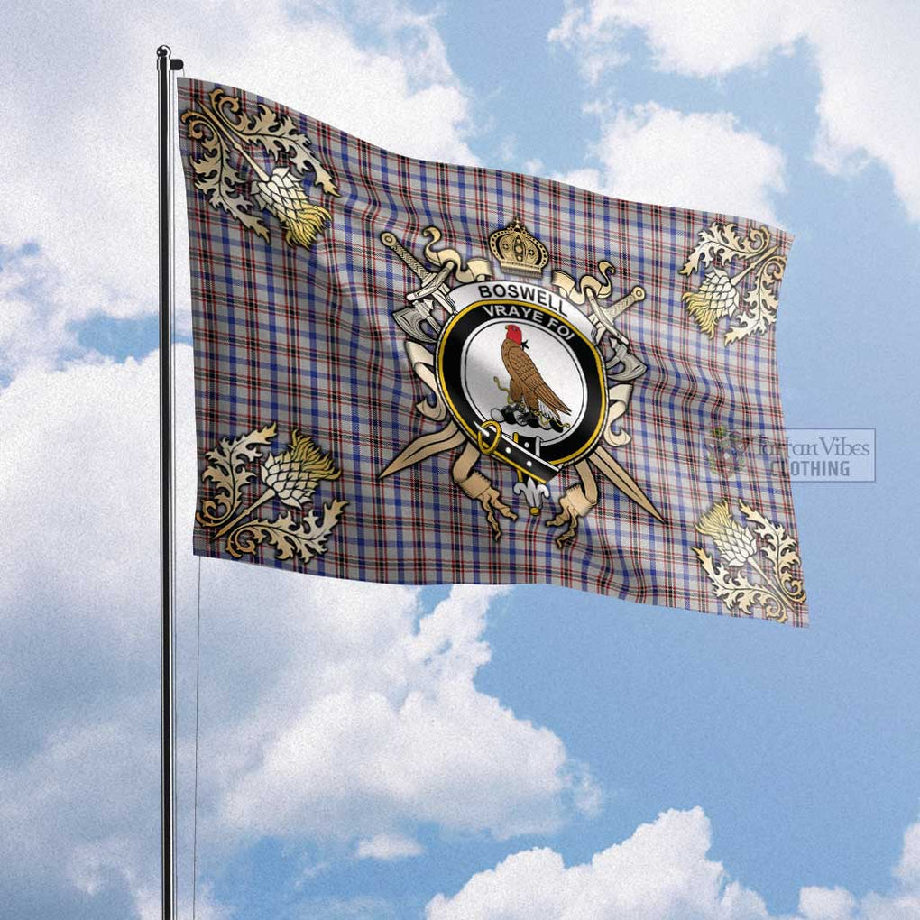 Tartan Vibes Clothing Boswell Tartan Flag with Family Crest and Golden Thistle Crossed Sword Design