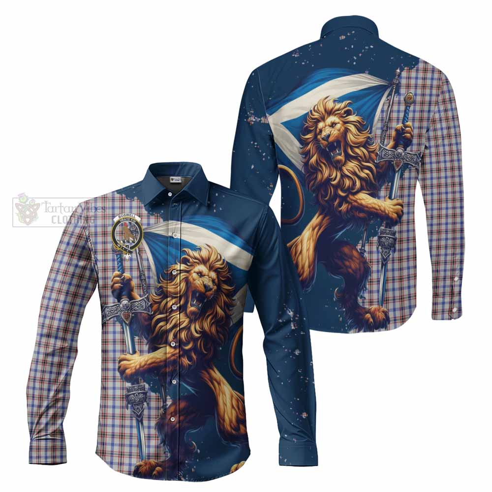 Tartan Vibes Clothing Boswell Tartan Family Crest Long Sleeve Button Shirt with Scottish Majestic Lion