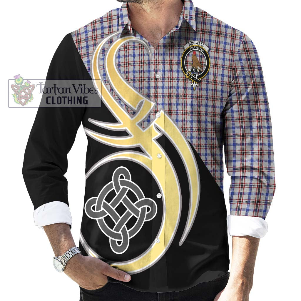 Boswell Tartan Long Sleeve Button Shirt with Family Crest and Celtic Symbol Style - Tartan Vibes Clothing