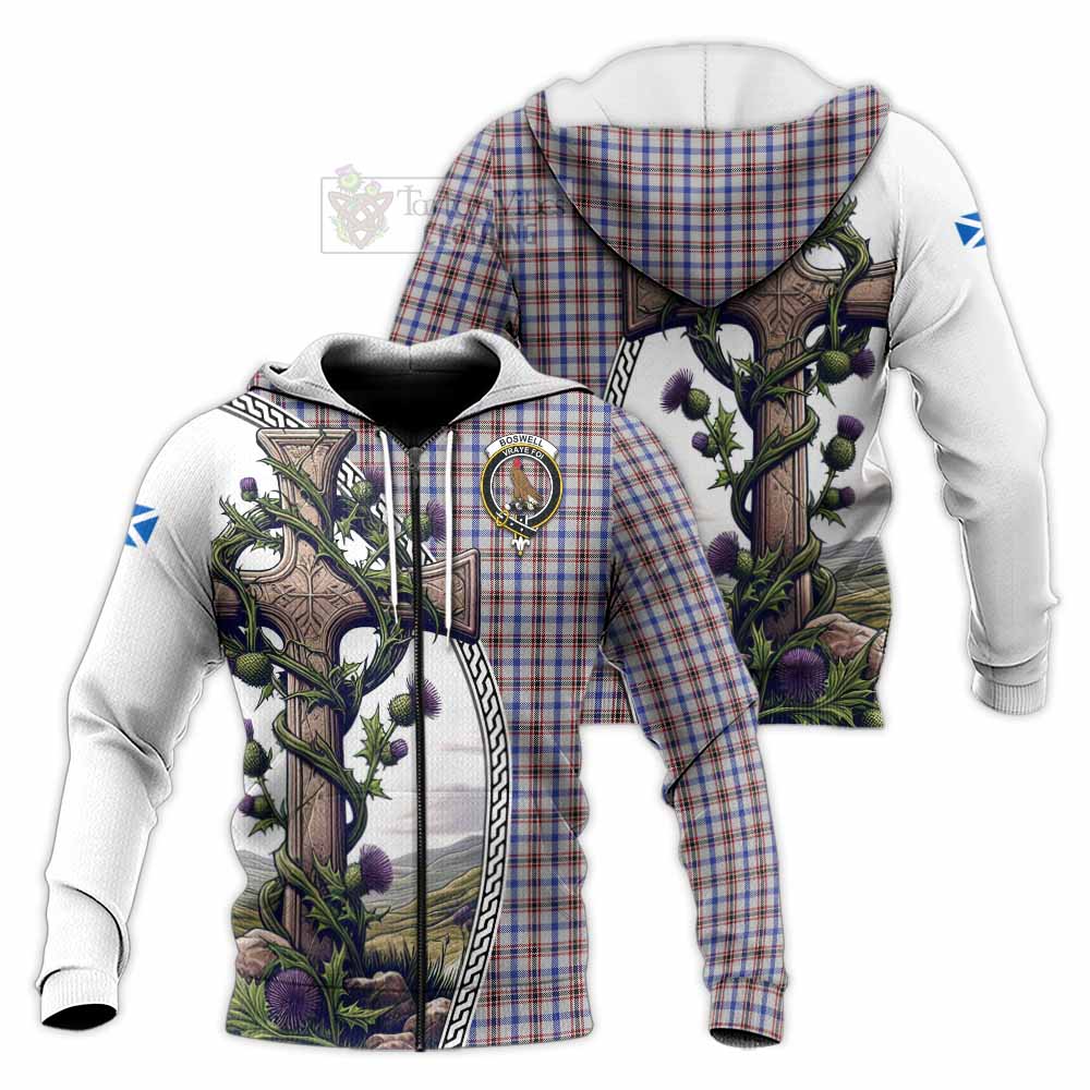 Tartan Vibes Clothing Boswell Tartan Knitted Hoodie with Family Crest and St. Andrew's Cross Accented by Thistle Vines