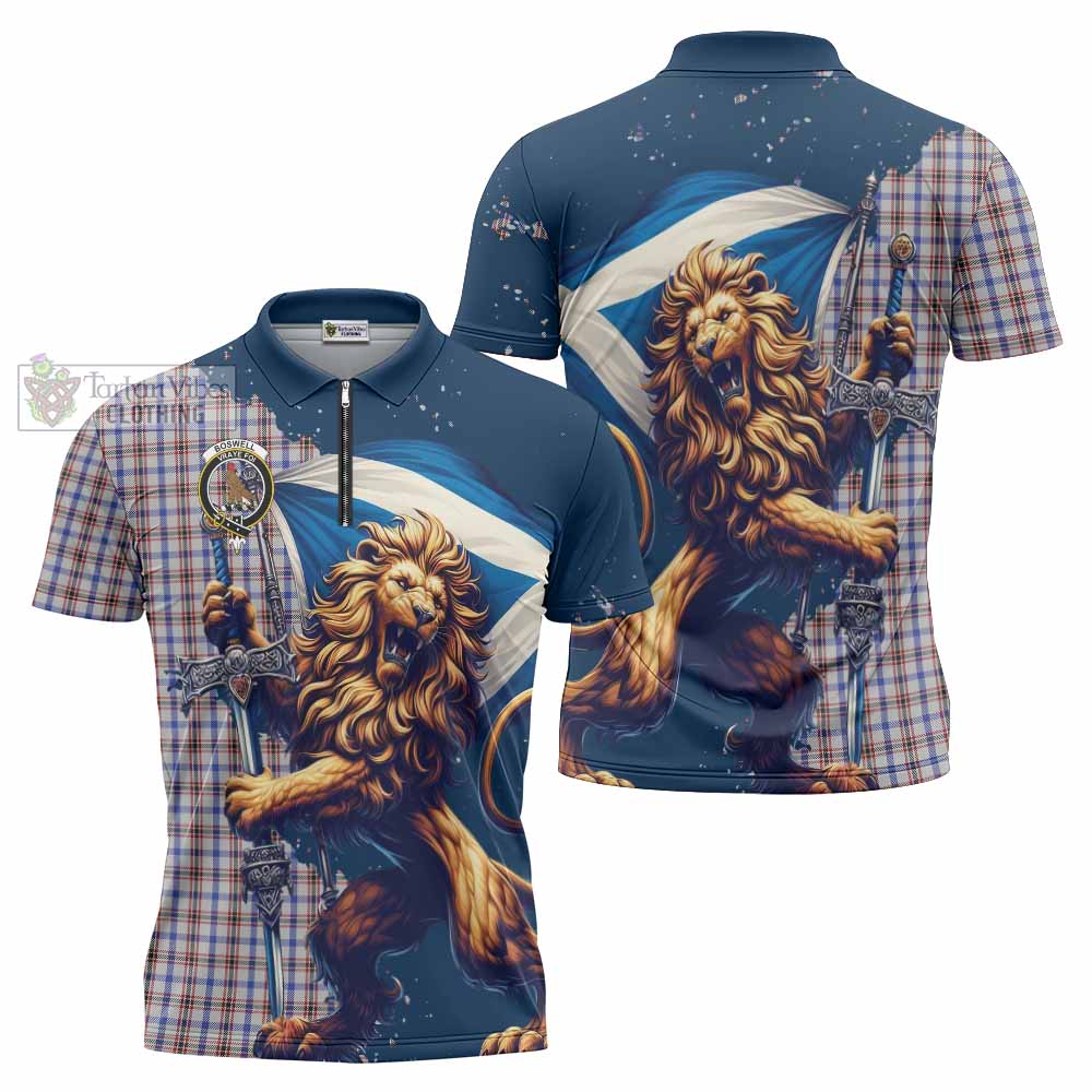 Tartan Vibes Clothing Boswell Tartan Family Crest Zipper Polo Shirt with Scottish Majestic Lion