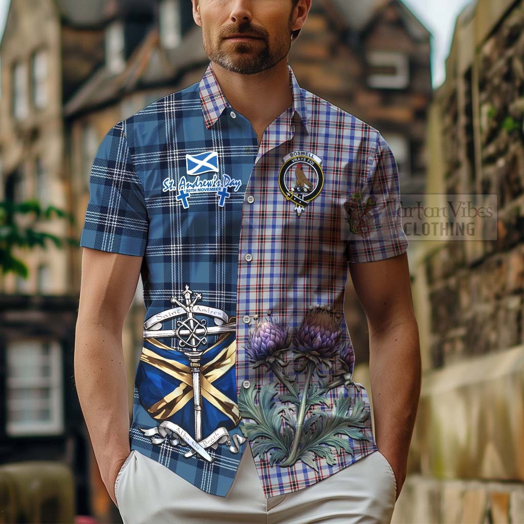 Tartan Vibes Clothing Boswell Tartan Short Sleeve Button Shirt Happy St. Andrew's Day Half Tartan Style