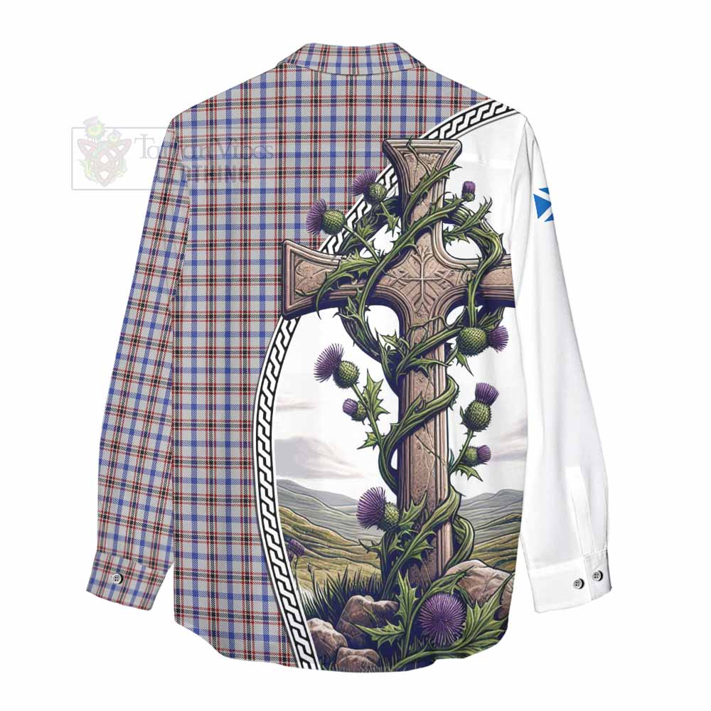 Tartan Vibes Clothing Boswell Tartan Women's Casual Shirt with Family Crest and St. Andrew's Cross Accented by Thistle Vines