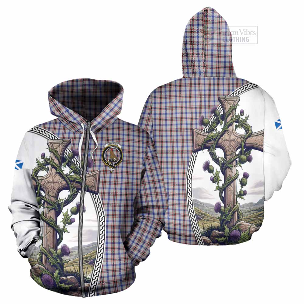 Tartan Vibes Clothing Boswell Tartan Hoodie with Family Crest and St. Andrew's Cross Accented by Thistle Vines