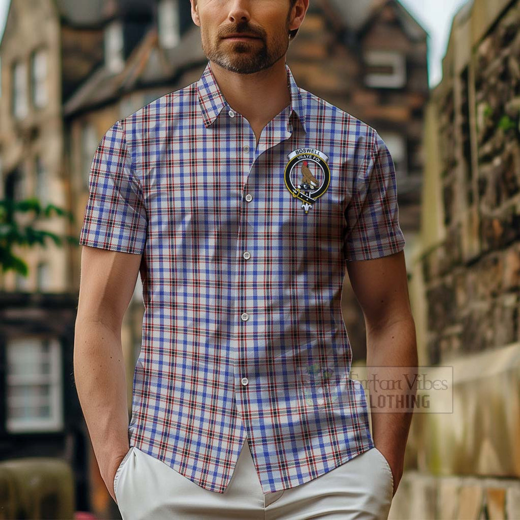 Tartan Vibes Clothing Boswell Tartan Short Sleeve Button Shirt with Family Crest Celtic Skull Style