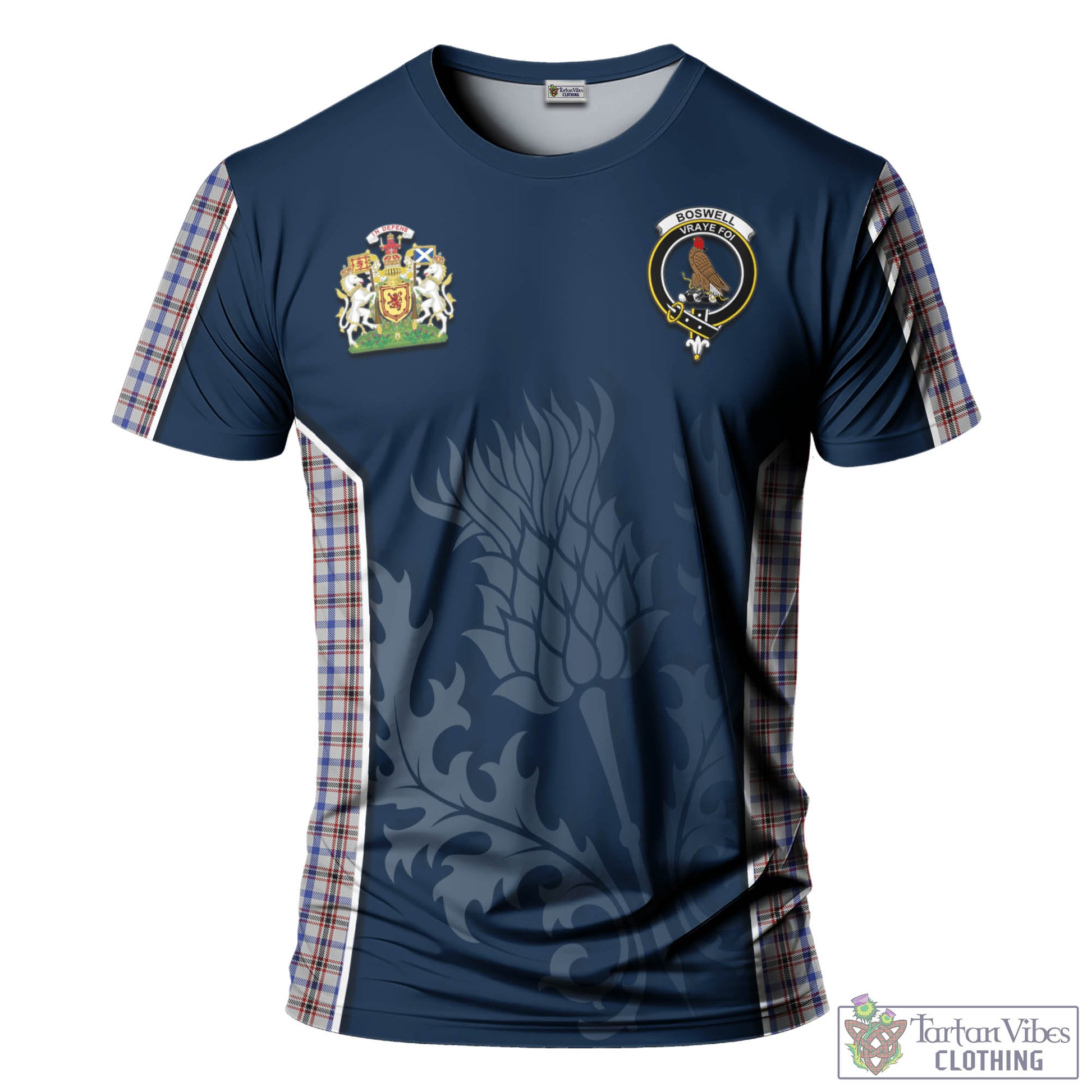 Tartan Vibes Clothing Boswell Tartan T-Shirt with Family Crest and Scottish Thistle Vibes Sport Style