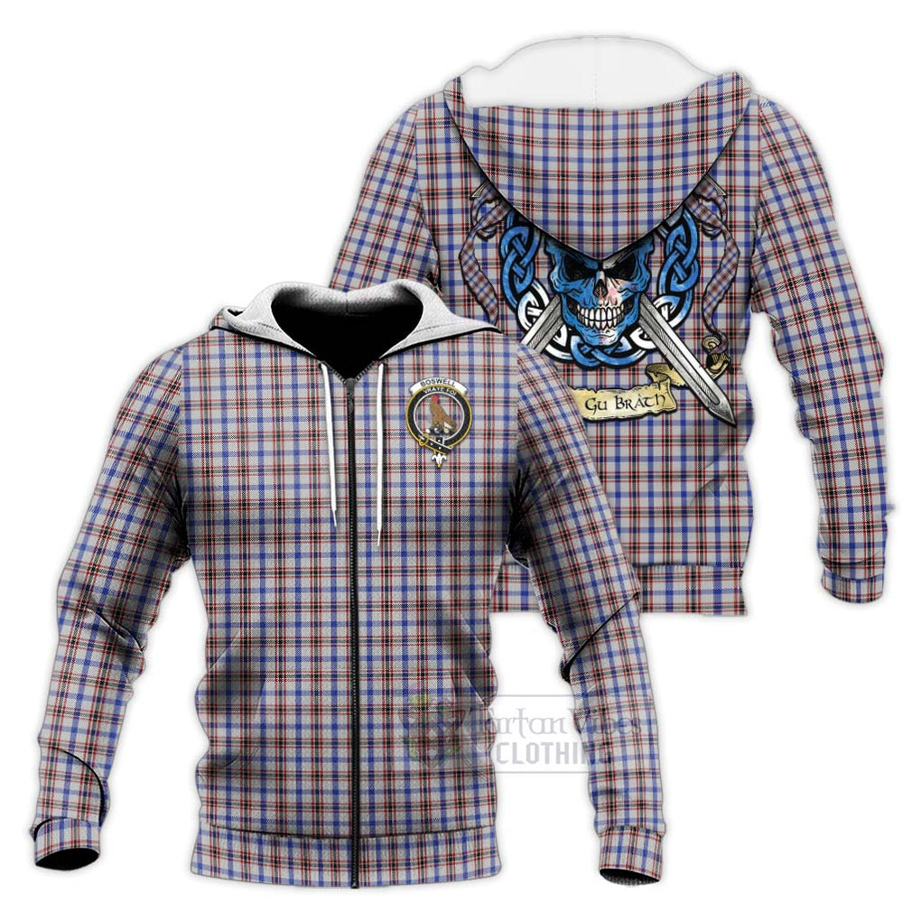 Tartan Vibes Clothing Boswell Tartan Knitted Hoodie with Family Crest Celtic Skull Style