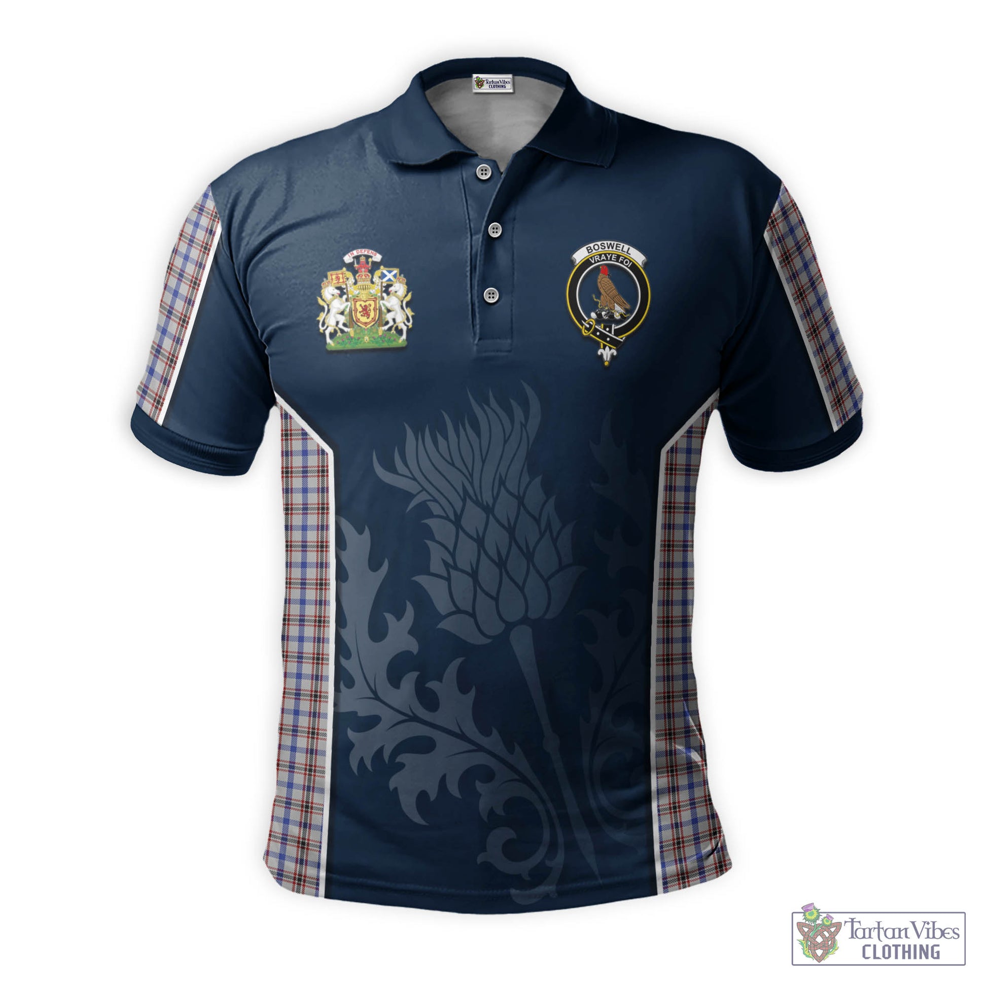 Tartan Vibes Clothing Boswell Tartan Men's Polo Shirt with Family Crest and Scottish Thistle Vibes Sport Style