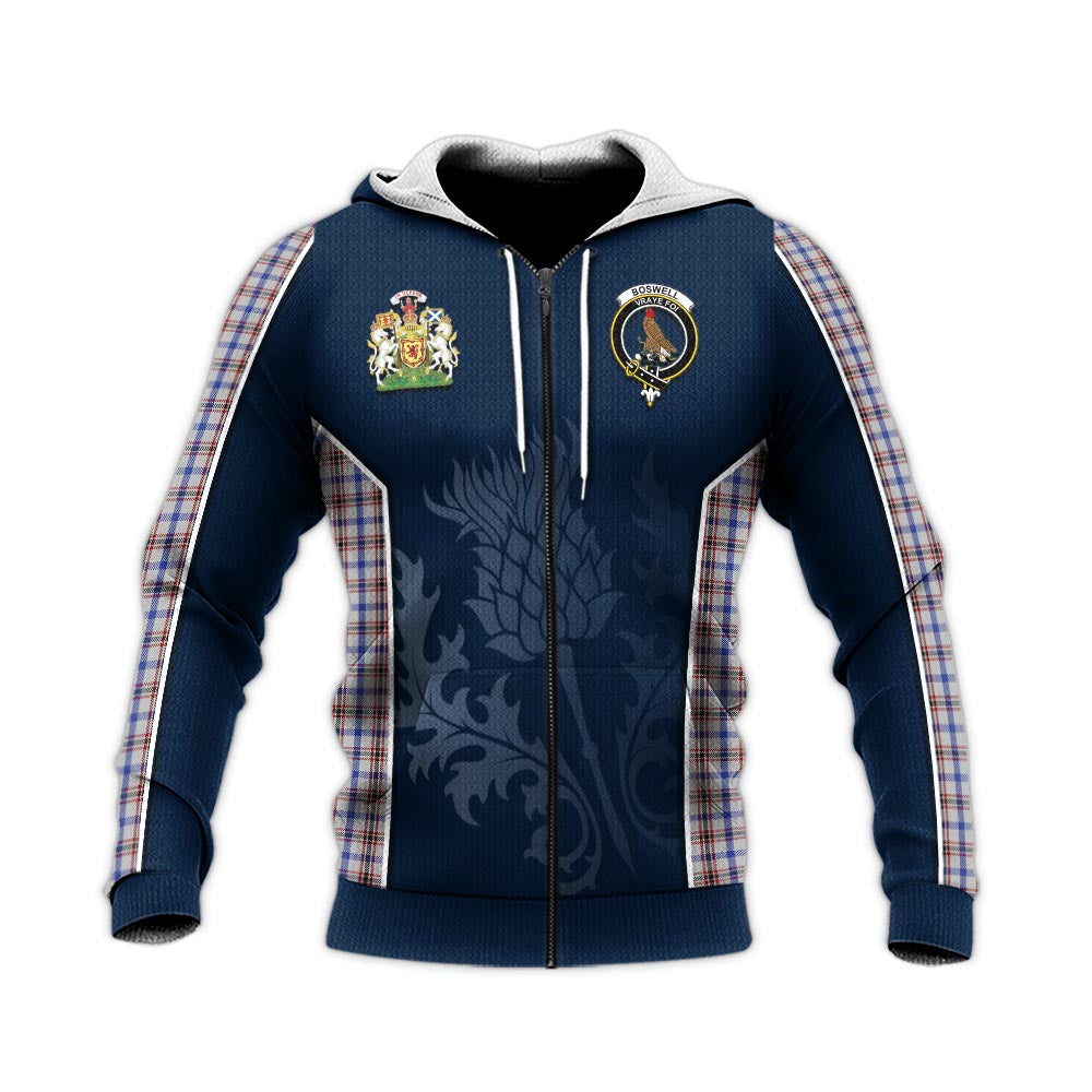 Tartan Vibes Clothing Boswell Tartan Knitted Hoodie with Family Crest and Scottish Thistle Vibes Sport Style