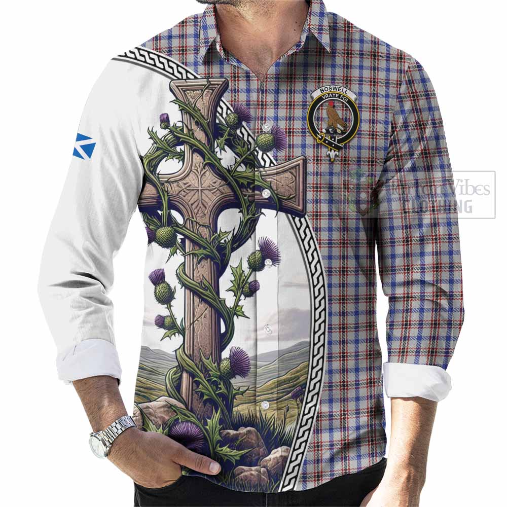 Tartan Vibes Clothing Boswell Tartan Long Sleeve Button Shirt with Family Crest and St. Andrew's Cross Accented by Thistle Vines