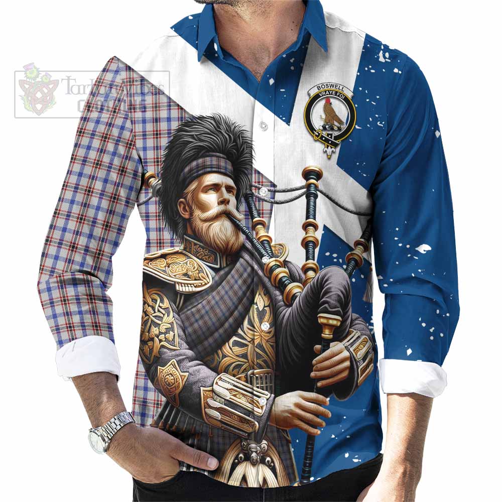 Tartan Vibes Clothing Boswell Tartan Long Sleeve Button Shirt with Family Crest Scottish Bagpiper Vibes