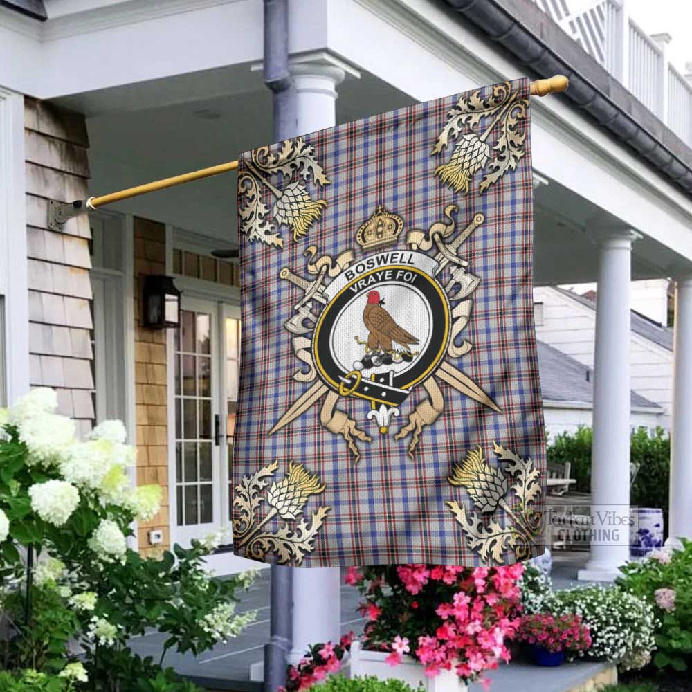 Tartan Vibes Clothing Boswell Tartan Flag with Family Crest and Golden Thistle Crossed Sword Design