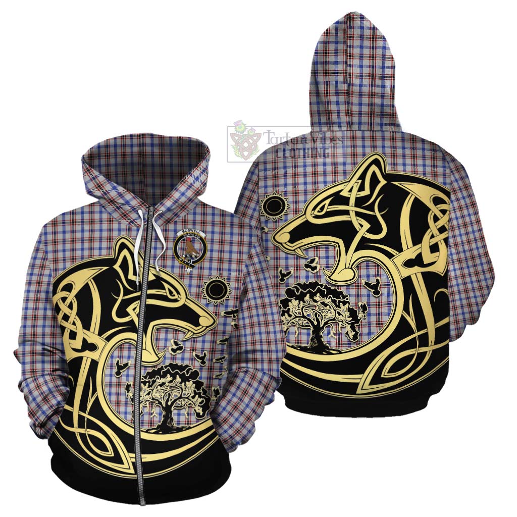 Tartan Vibes Clothing Boswell Tartan Cotton Hoodie with Family Crest Celtic Wolf Style