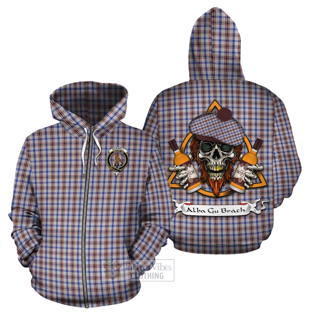 Tartan Vibes Clothing Boswell Tartan Cotton Hoodie with Family Crest and Bearded Skull Holding Bottles of Whiskey