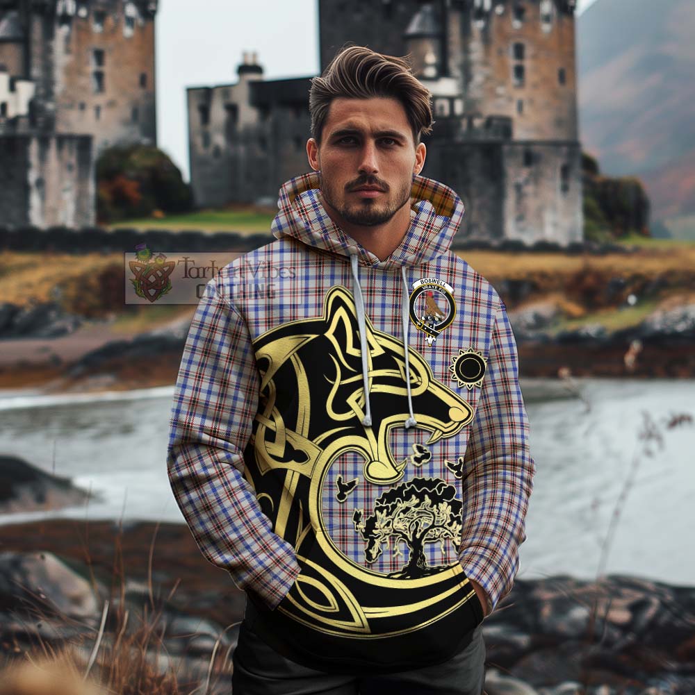 Tartan Vibes Clothing Boswell Tartan Cotton Hoodie with Family Crest Celtic Wolf Style