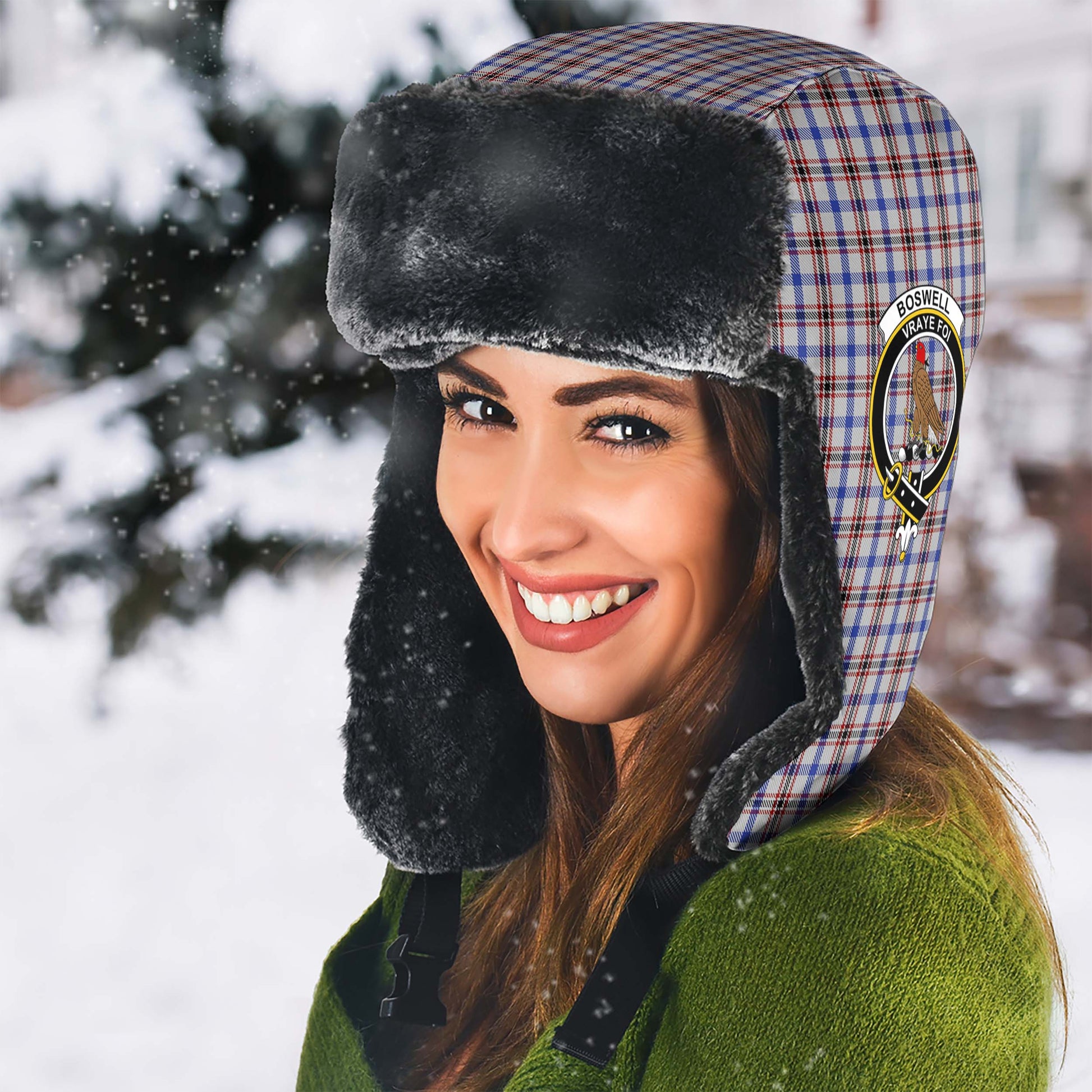 Boswell Tartan Winter Trapper Hat with Family Crest - Tartanvibesclothing