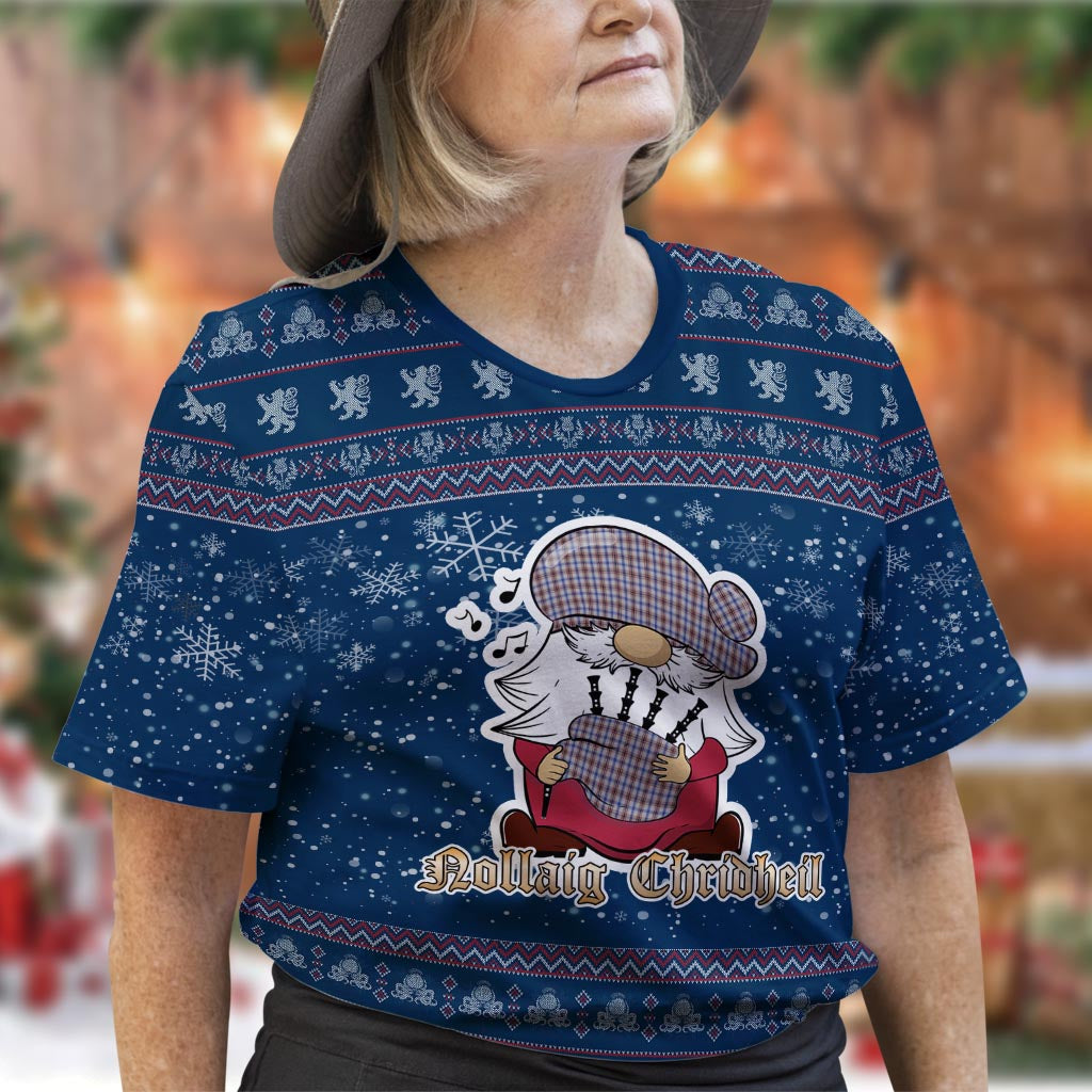 Boswell Clan Christmas Family T-Shirt with Funny Gnome Playing Bagpipes Women's Shirt Blue - Tartanvibesclothing