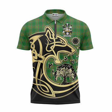 Boulger Irish Tartan Zipper Polo Shirt with Coat of Arms Celtic Wolf Style