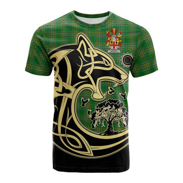 Bourke Irish Tartan Cotton T-shirt with Coat of Arms Celtic Wolf Style