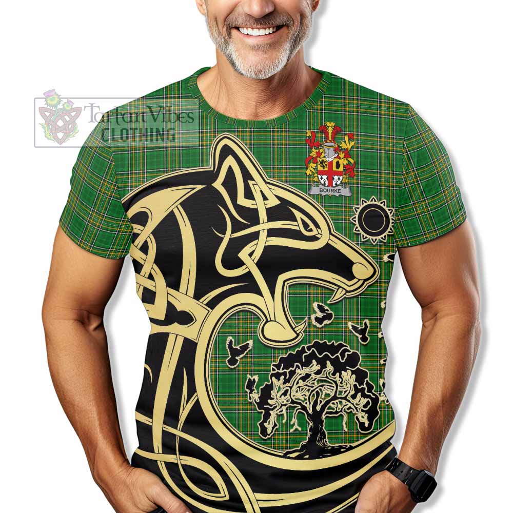 Tartan Vibes Clothing Bourke Irish Tartan T-Shirt with Coat of Arms Celtic Wolf Style