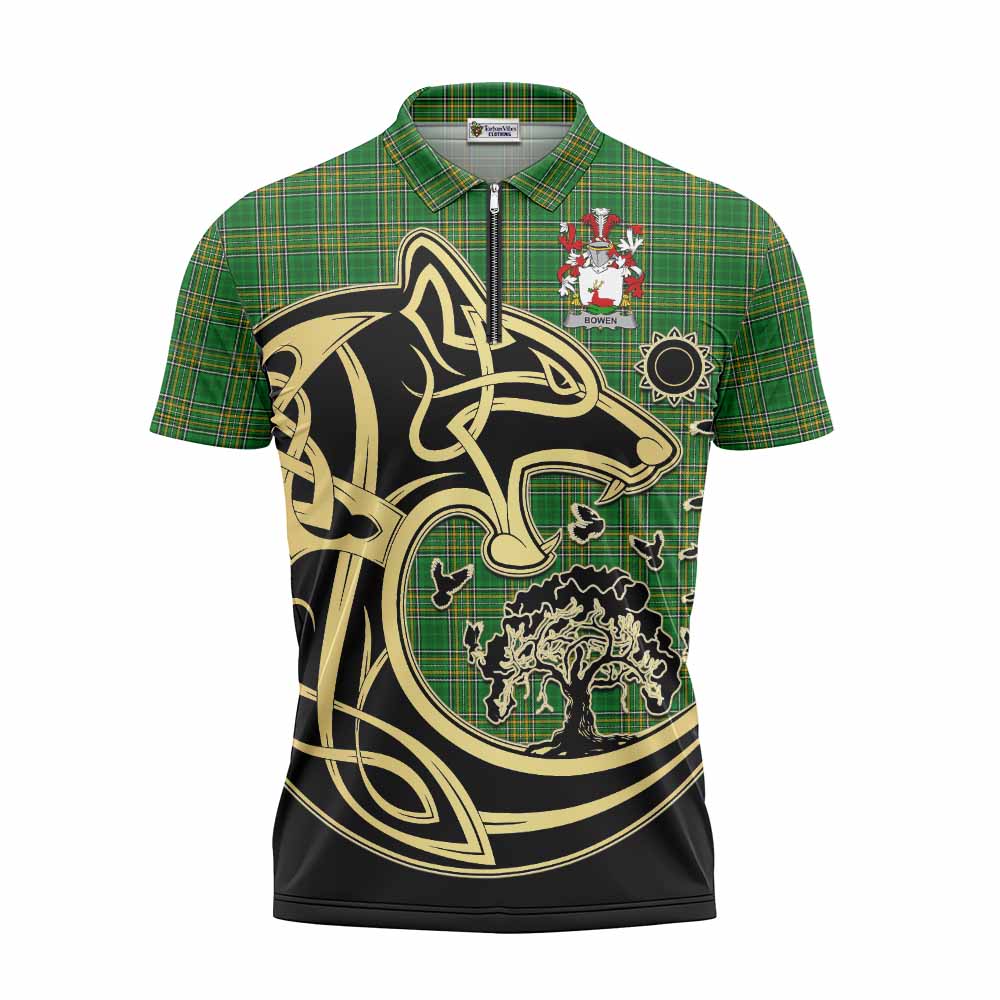 Bowen Irish Tartan Zipper Polo Shirt with Coat of Arms Celtic Wolf Style Unisex - Tartan Vibes Clothing