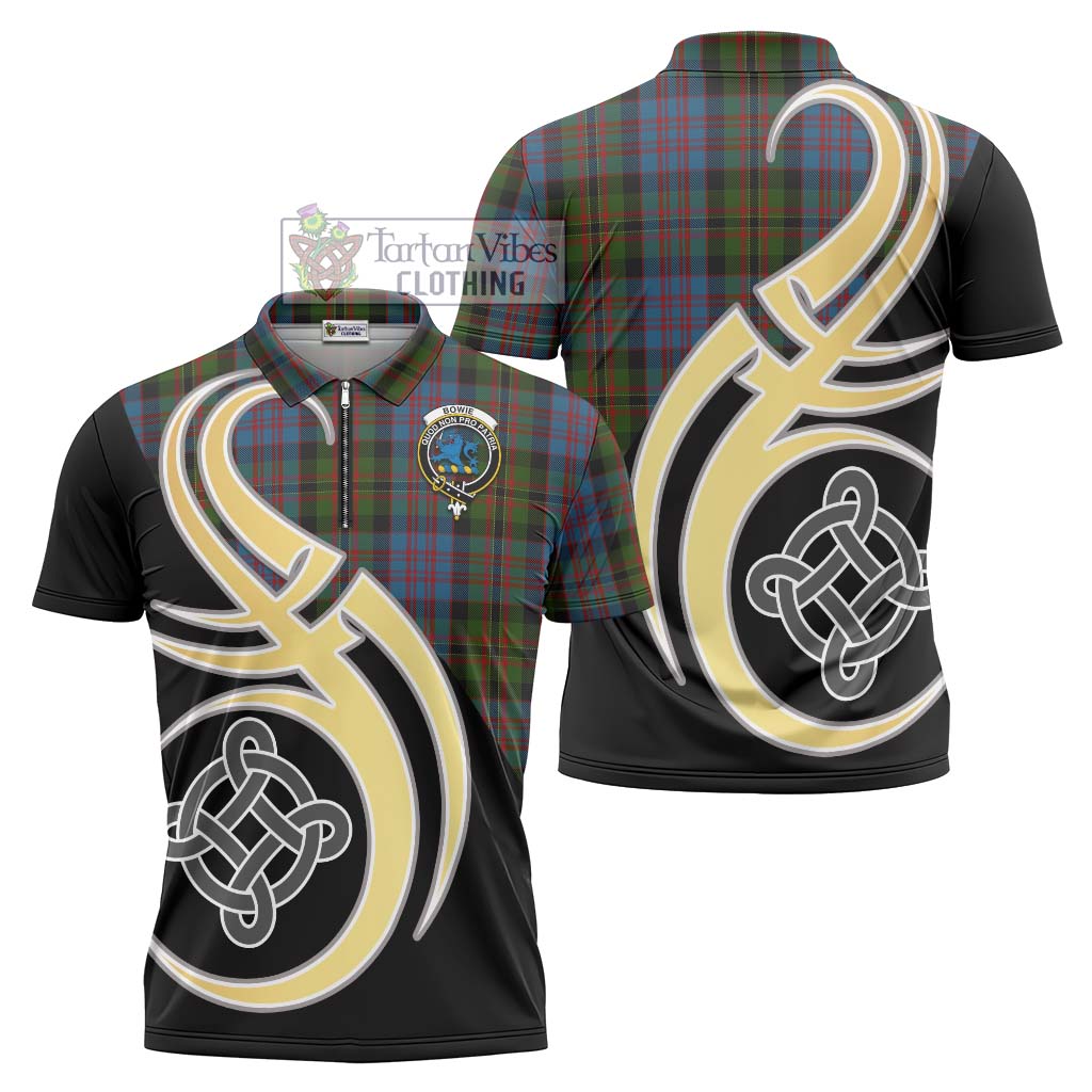 Tartan Vibes Clothing Bowie Tartan Zipper Polo Shirt with Family Crest and Celtic Symbol Style