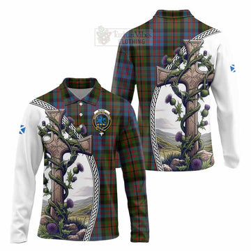 Bowie Tartan Long Sleeve Polo Shirt with Family Crest and St. Andrew's Cross Accented by Thistle Vines Unisex - Tartan Vibes Clothing