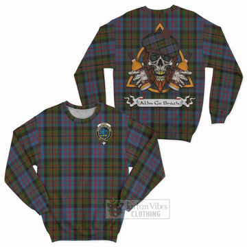 Bowie Tartan Sweatshirt with Family Crest and Bearded Skull Holding Bottles of Whiskey Unisex - Tartan Vibes Clothing