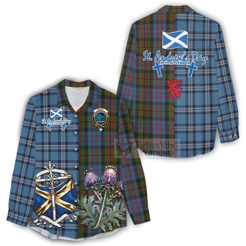 Bowie Tartan Women's Casual Shirt Happy St. Andrew's Day Half Tartan Style - Tartan Vibes Clothing