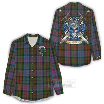 Bowie Tartan Women's Casual Shirt with Family Crest Celtic Skull Style - Tartan Vibes Clothing