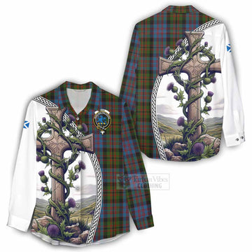 Bowie Tartan Women's Casual Shirt with Family Crest and St. Andrew's Cross Accented by Thistle Vines - Tartan Vibes Clothing
