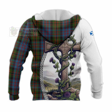 Bowie Tartan Knitted Hoodie with Family Crest and St. Andrew's Cross Accented by Thistle Vines - Tartan Vibes Clothing