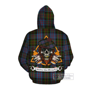 Bowie Tartan Cotton Hoodie with Family Crest and Bearded Skull Holding Bottles of Whiskey Pullover Hoodie - Tartan Vibes Clothing