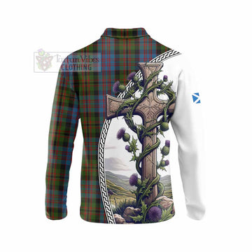 Bowie Tartan Long Sleeve Polo Shirt with Family Crest and St. Andrew's Cross Accented by Thistle Vines - Tartan Vibes Clothing