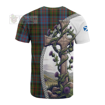 Bowie Tartan Cotton T-shirt with Family Crest and St. Andrew's Cross Accented by Thistle Vines - Tartan Vibes Clothing