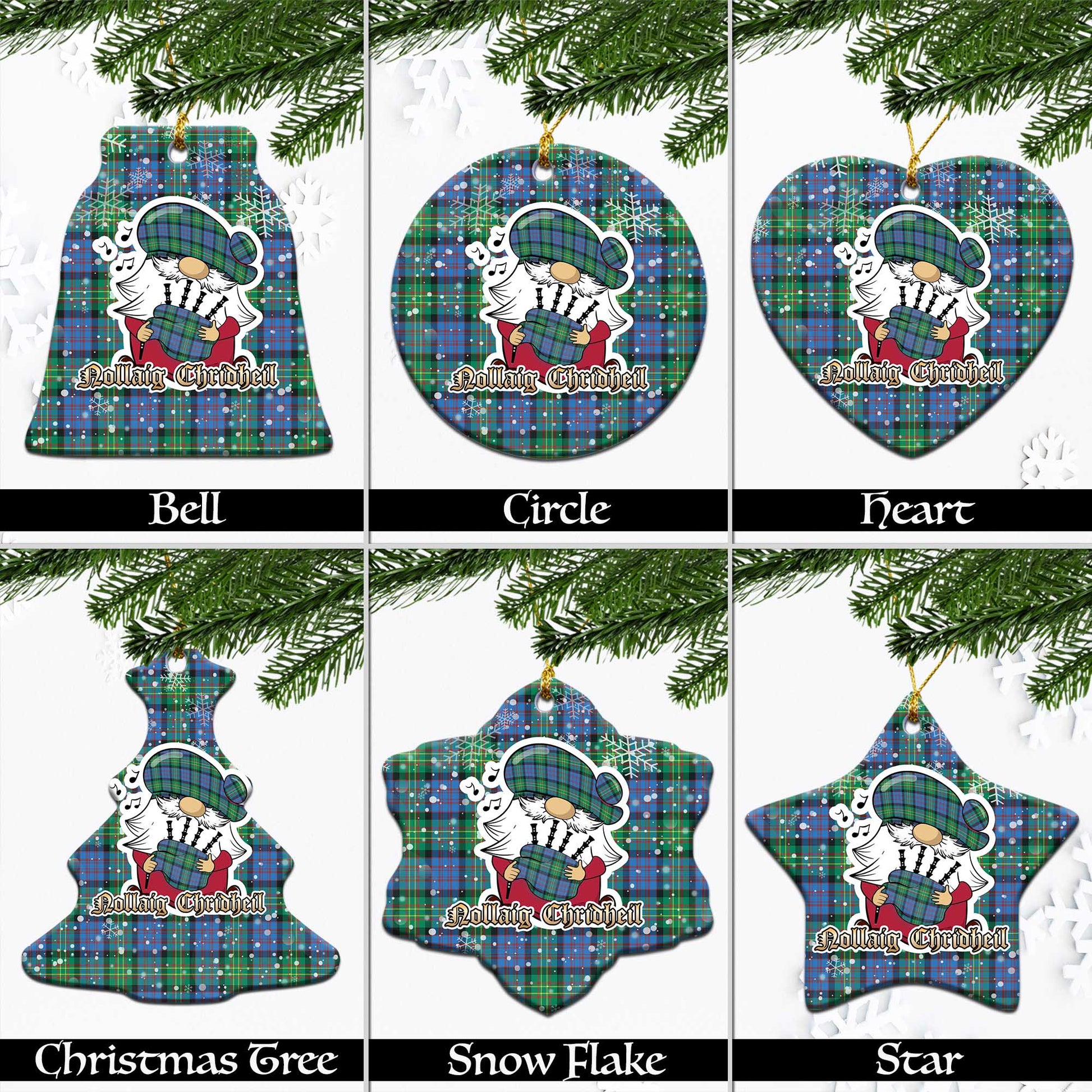 Bowie Ancient Tartan Christmas Ornaments with Scottish Gnome Playing Bagpipes Ceramic - Tartanvibesclothing