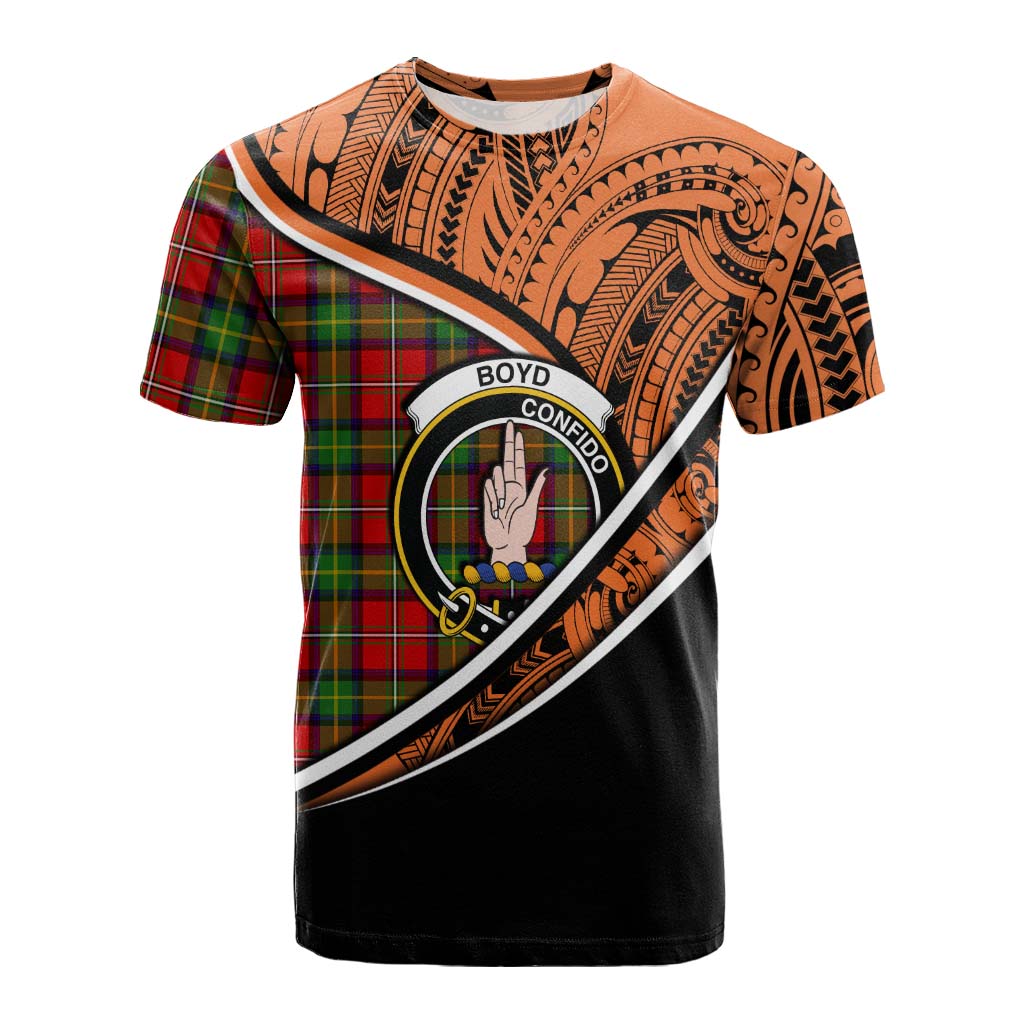 Tartan Vibes Clothing Boyd Crest Tartan Cotton T-shirt with Maori Tattoo Style - Orange Version