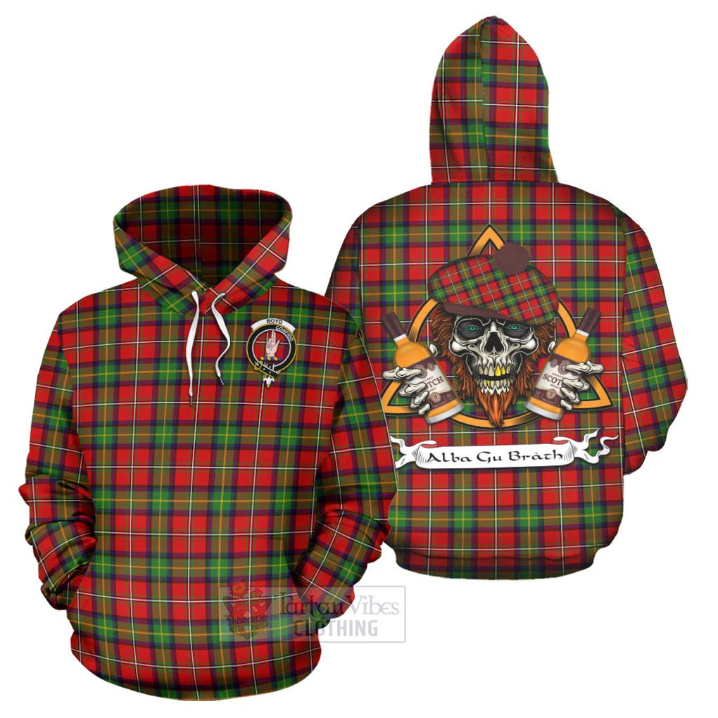 Tartan Vibes Clothing Boyd Tartan Hoodie with Family Crest and Bearded Skull Holding Bottles of Whiskey