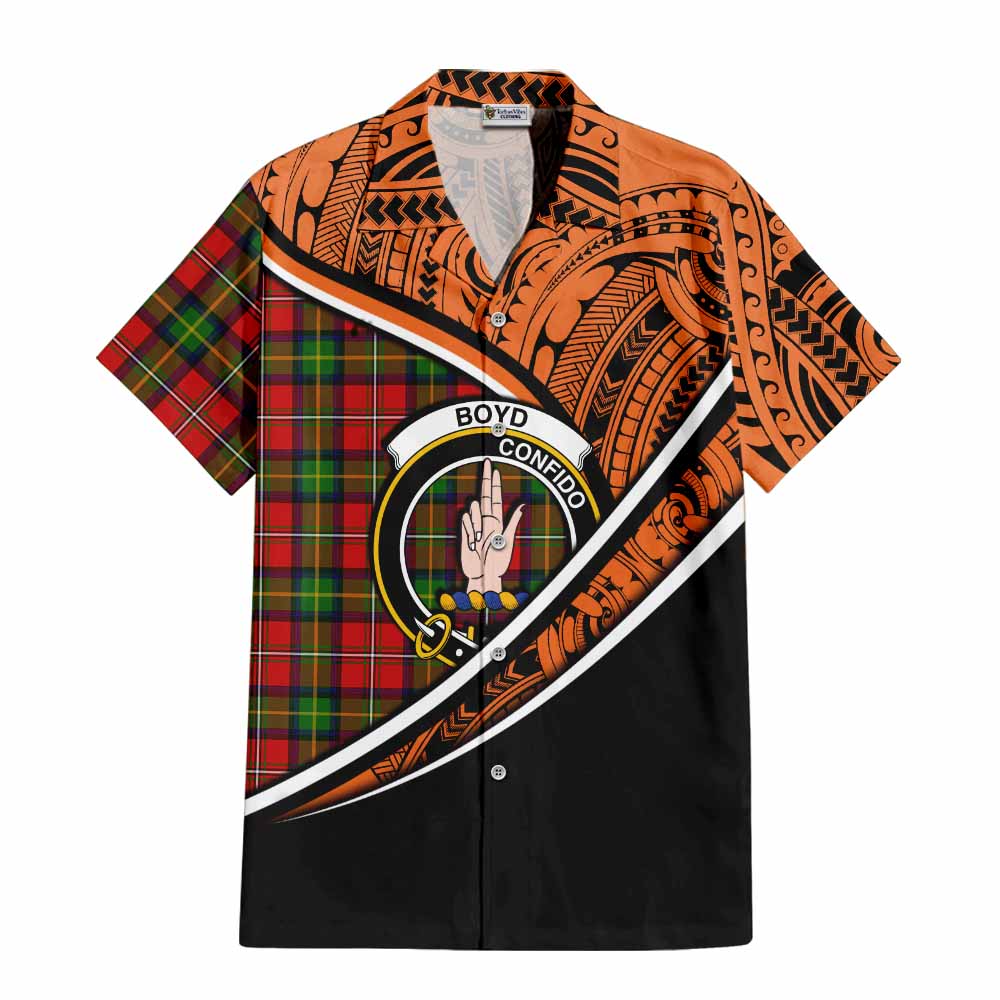 Tartan Vibes Clothing Boyd Crest Tartan Short Sleeve Button Shirt with Maori Tattoo Style - Orange Version