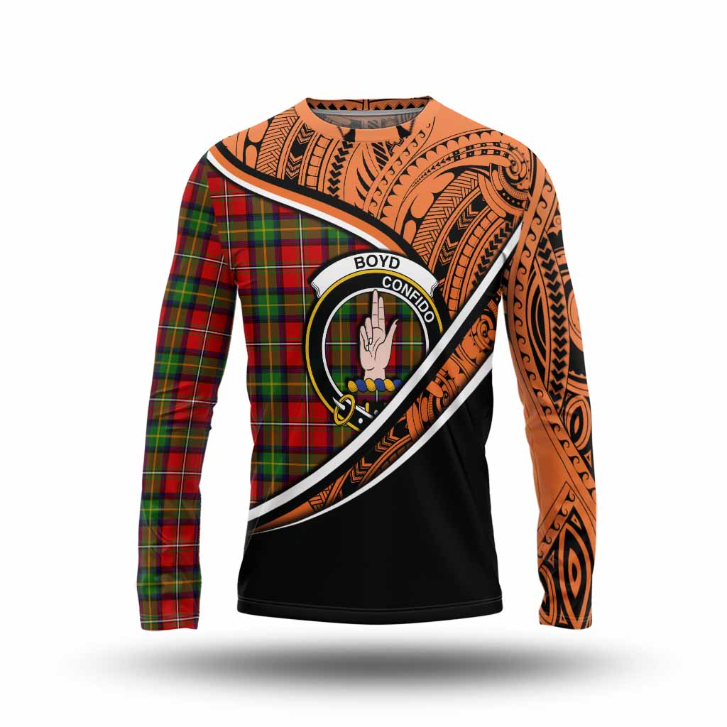 Tartan Vibes Clothing Boyd Crest Tartan Long Sleeve T-Shirt with Maori Tattoo Style - Orange Version